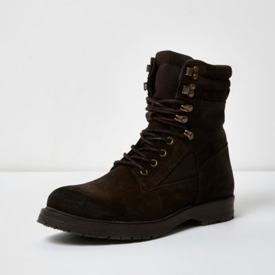 Dark brown suede combat boots